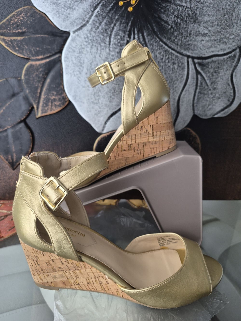 Liz Claiborne Metallic Gold Cork Wedge Sandals with Ankle Strap